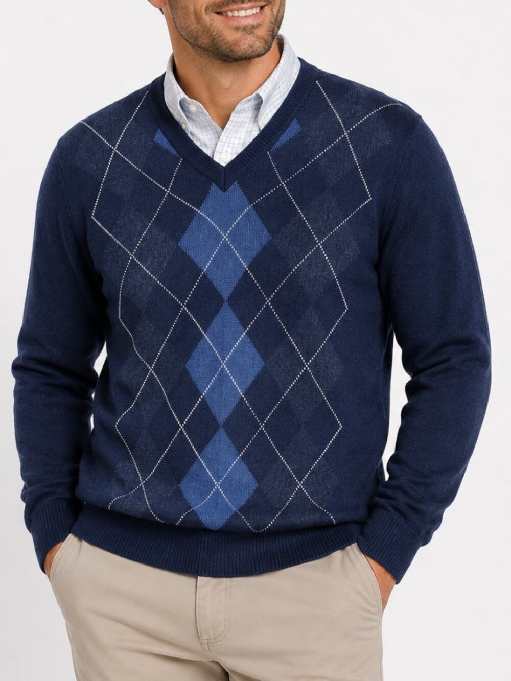 Barbour Mens Navy Blue Argyle V Neck Pullover Sweater Made in Scotland Old Money